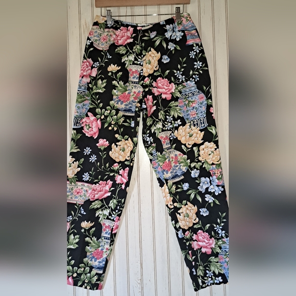 VTG Talbots Pants Novelty Print Vases Roses Floral Lined Ankle Y2K City Sz 8 - Picture 1 of 10